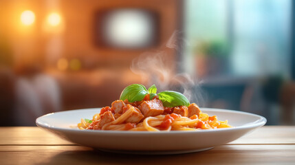 steaming plate of pasta with tomato sauce and basil, showcasing delicious meal in cozy setting. warm colors and soft focus create inviting atmosphere