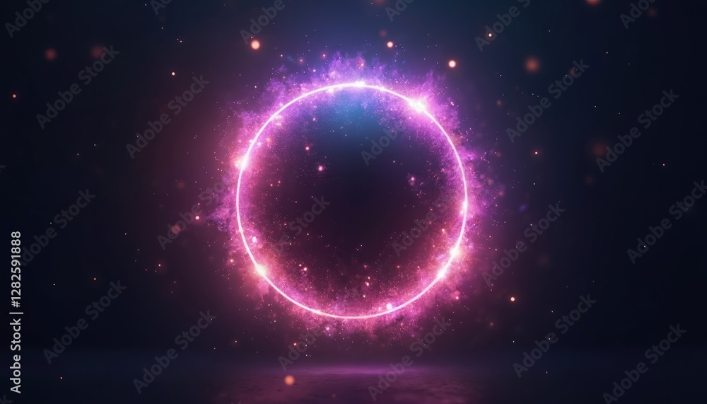Aufkleber abstract glowing neon sphere of particles waves on dark background. circle with magic purple pink fl