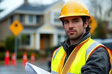 Fototapeta premium A construction worker in a safety vest and hard hat stands with blueprints, overseeing a residential area with traffic cones and signs in the background.