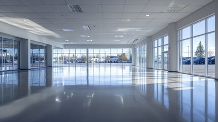 Obraz premium Empty dealership with bright showroom and polished floors. Featuring flexibility and opportunity
