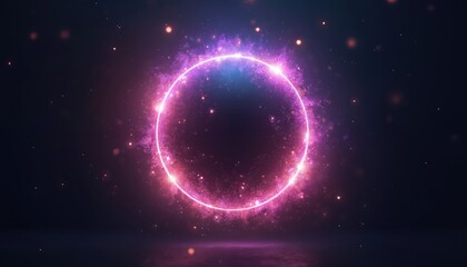 Obraz premium Abstract glowing neon sphere of particles waves on dark background. Circle with magic purple pink flame sparks isolated on transparent. Generative ai creates sci-fi wallpaper tech backdrop.