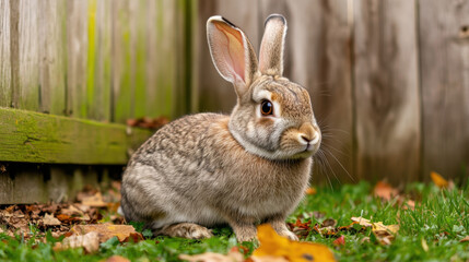 Fototapeta premium cute rabbit sitting on green grass near wooden fence, surrounded by autumn leaves. rabbit has soft fur and attentive ears, creating serene and peaceful atmosphere