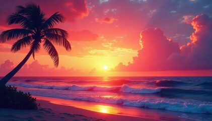 Sunset hues paint sky, palm silhouette against ocean waves , exotic, coast, color