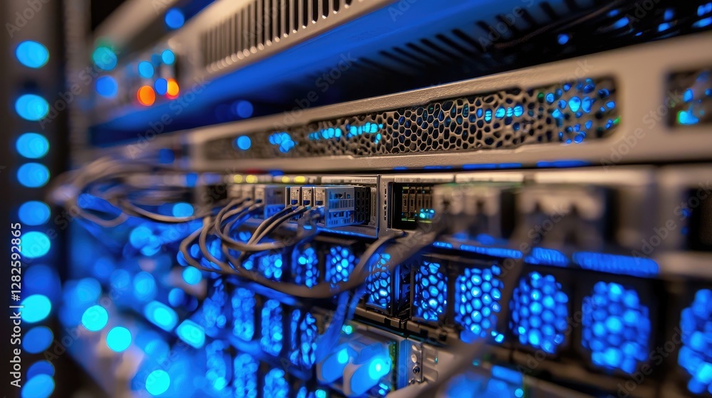 Aufkleber Close-up of a high-tech server rack with glowing blue lights and connected network cables in a data center. Ideal for technology, cloud computing, and cybersecurity concepts