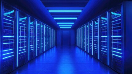 Futuristic data center with blue LED lights, showcasing high-tech server racks in a secure digital environment. Ideal for technology, cloud computing, and cybersecurity concepts