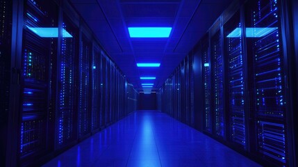 A futuristic data center with glowing blue server racks and reflective floors, creating a high-tech atmosphere. Ideal for technology, cloud computing, and cybersecurity themes