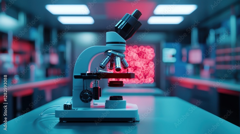 Poster a modern microscope is illuminated in a high-tech lab, showcasing vibrant red graphics in the backgr