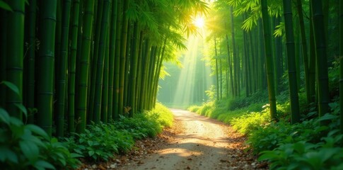 Fototapeta premium Sun-dappled bamboo path, winding gently uphill , organic, beam, line