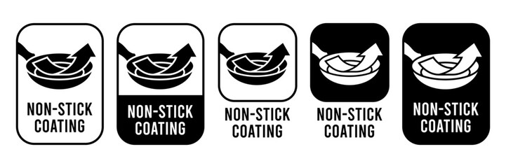 Non Stick Coating icon set. Non Stick Coating pan or pot with arrow for label product. Non Stick Coating logo, badge, sticker, symbol, emblem, black, circle, line vector isolated.
