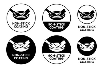 Non Stick Coating icon set. Non Stick Coating pan or pot with arrow for label product. Non Stick Coating logo, badge, sticker, symbol, emblem, black, circle, line vector isolated.