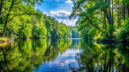 Water's edge surrounded by tall trees and dense foliage, calm, greenery,  calm, greenery