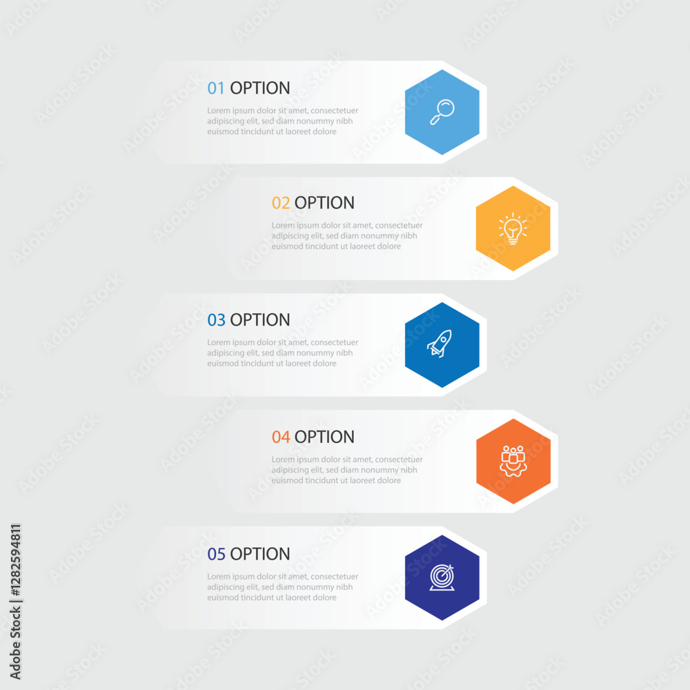 Aufkleber Design template infographic vector. 5 step slide with paper style and icons. Vector layout can be used for workflow, business presentation and web graphic design 