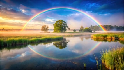 Naklejka premium Softly focused rainbow hues descend upon a serene landscape, softly blending with the gentle mist of morning dew