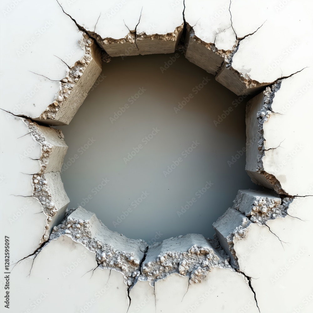 Poster cracked wall with round hole in center. cement texture wall with fractured plaster, cracks. abstract