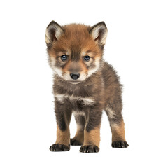 Obraz premium A young red fox pup standing on a white background, looking curiously ahead.