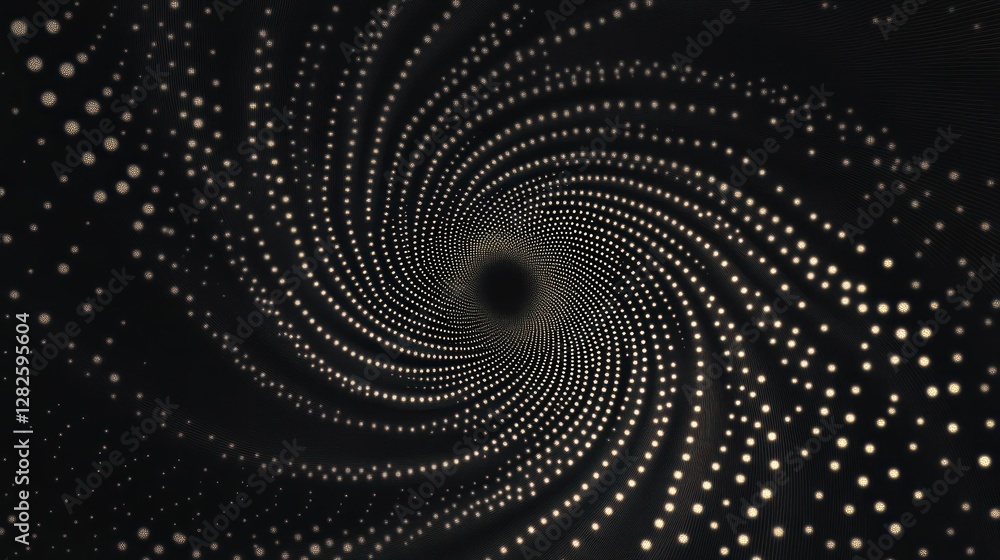 Poster abstract swirling gold dots on black background creating a vortex effect.