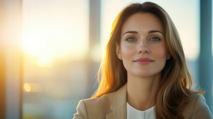 confident woman in modern office setting, illuminated by warm sunlight, exudes professionalism and poise. Her expression reflects determination and focus, ideal for corporate environment