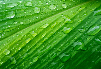 Drop water on green leaf background, rain on plant abstract dew leaves, clean nature fresh sping season, environment ecosystem change concept.