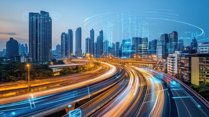 Fototapeta premium Night Cityscape Illuminated Highway Traffic Flowing Through Modern Buildings