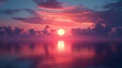 Vibrant sunset over calm ocean waters with colorful clouds reflecting on the surface