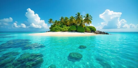 Fototapeta premium Sun-drenched island, shallow coral reef, crystal clear water, landscape, tranquility, reef
