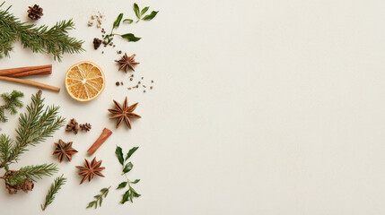 Fresh herbs, spices, and dried fruits create festive arrangement perfect for holiday decor. This minimalistic layout features cinnamon sticks, star anise, and pine branches