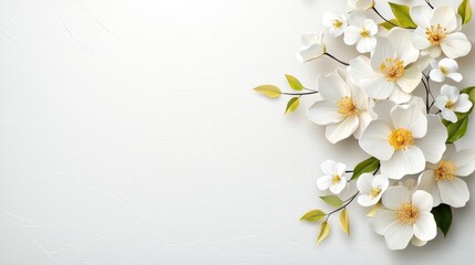 Fototapeta premium White flowers spring arrangement, blank space, background texture, greeting card design