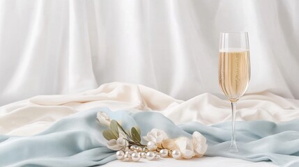 Close-up of elegant champagne flute with pearl decor for wedding celebration