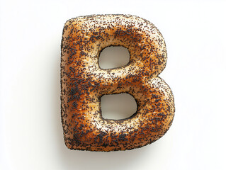 a letter B made of bagel with poppy seeds, top view. Minimalistic design on a plain white background