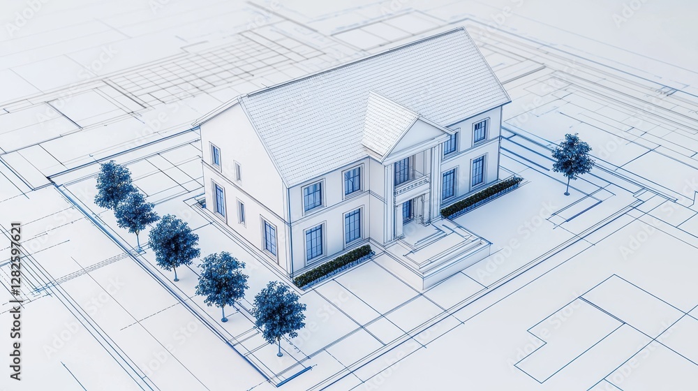 Poster a blueprint rendering of a house, showcasing a detailed architectural design with surrounding landsc