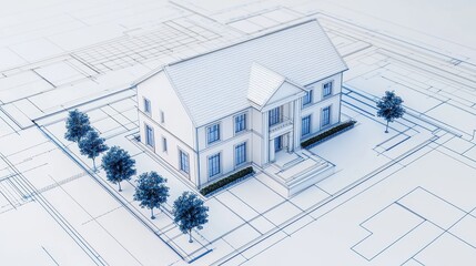 Fototapeta premium A blueprint rendering of a house, showcasing a detailed architectural design with surrounding landscaping elements.