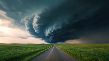 dark, ominous tornado cloud looms over rural road, creating dramatic scene. stormy sky contrasts with lush green fields, evoking sense of impending weather