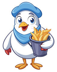 A comical, cartoonish seagull, adorably wearing a miniature sailor hat, perched on a seaside railing.