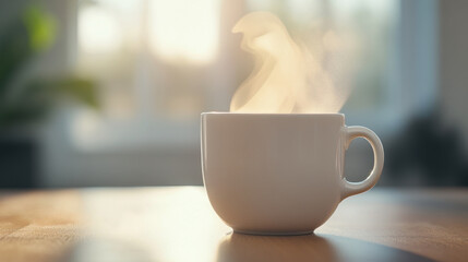 steaming cup of hot beverage sits on wooden table, exuding warmth and comfort. soft light from window enhances cozy atmosphere, inviting relaxation