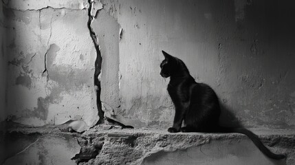 Black cat sits on a weathered wall, monochrome.