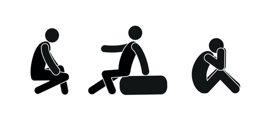  people in different poses, sitting on the floor with his head on his hands, squatting on an ottoman, pictograph, figures of people on a white background
