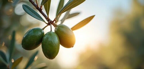Closeup of green olive fruit on tree branch with leaves. Blurred sunlight background design. Healthy diet, vegetarian food or olive oil production concept. Mediterranean agriculture, spanish cuisine.