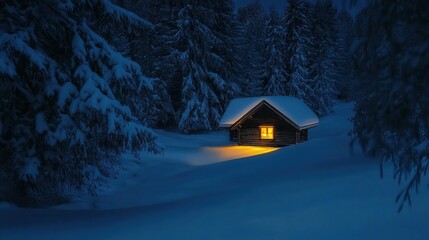 Fototapeta premium A cozy cabin glows warmly amidst a snowy forest, surrounded by tall trees, creating a serene winter night atmosphere.