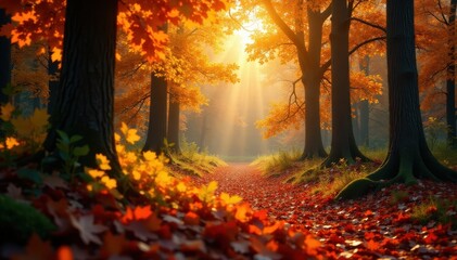 Fototapeta premium Golden sunlight streams through vibrant autumn leaves in a vast forest , yellow, nature