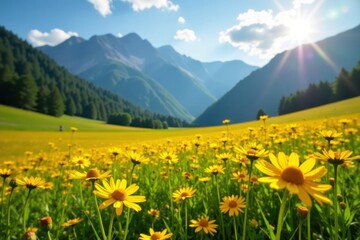 Sun-drenched Montana field, abundant yellow daisies , sun, daisies in field