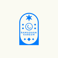 Ramadan Emblem: A minimalist blue emblem design, celebrating Ramadan Kareem, featuring a crescent moon, star, and ornamental details with a simple geometric structure.