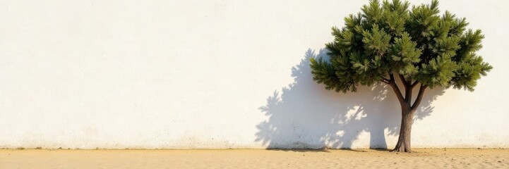 Whitewashed wall contrasts brown sand, sunlight, tree silhouette , tree, pure
