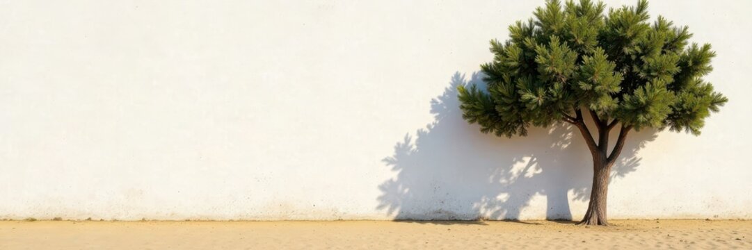 Whitewashed wall contrasts brown sand, sunlight, tree silhouette , tree, pure
