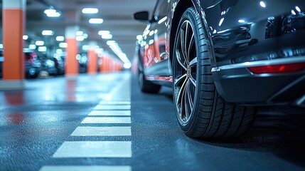 Car parked in a parking garage ready for driving, parking spots in the background