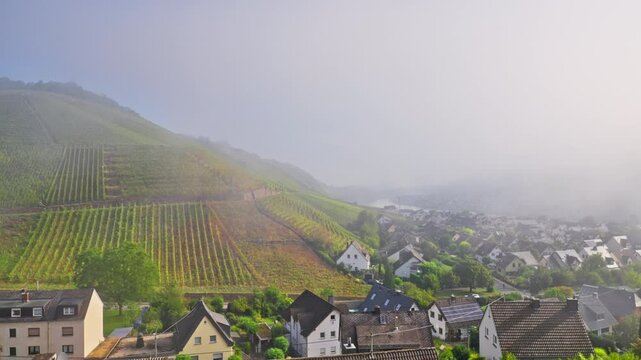 Foggy Morning in the hillside vineyard fields in the rural town of Winningen, Germany with parallax tracking movement
