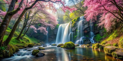 Obraz premium waterfall cascading through a forest with sakura flowers falling from trees #sakuraforest , wildlife, natural wonder
