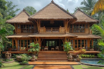 Obraz premium Exterior View of Two Story Bamboo House Surrounded by Lush Greenery Under Bright Daylight With Stone Paved Path and Blue Pool in Tropical Area