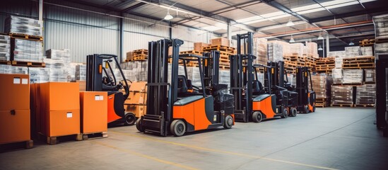 Industrial Warehouse with Row of Forklifts