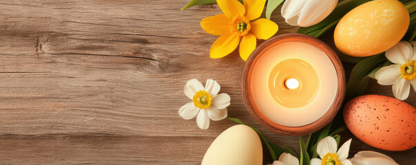 A serene arrangement of flowers, Easter eggs, and a candle, set on a wooden surface, creating a vibrant and festive atmosphere.