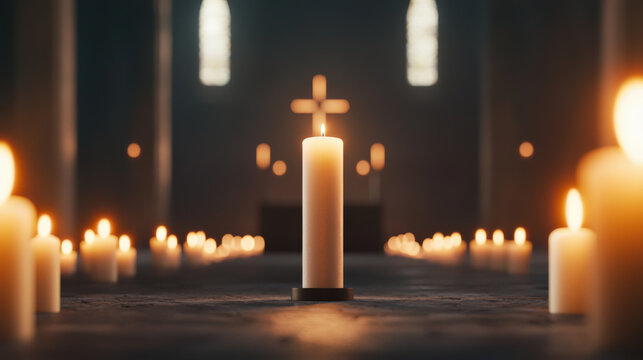 A serene scene of lit candles leading to a cross in a dimly lit space, evoking a sense of peace and spirituality.